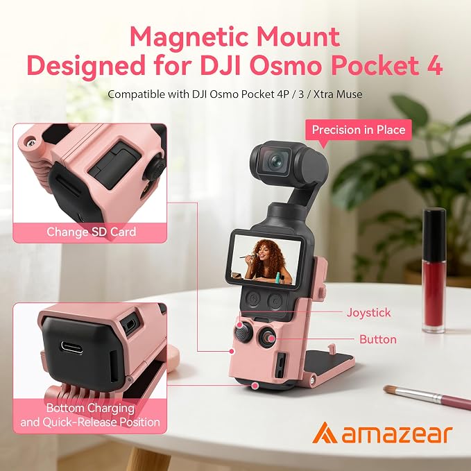 AMAZEAR Magnetic Mount Stand Compatible with DJI Osmo Pocket 4P/4/3/Xtra Muse, Pocket4 Accessories Adapter Clamp Magnet Suction Case Holder on Desktop/Vertical Surface, 180° Adjust Handle, Lightpink - Image 2