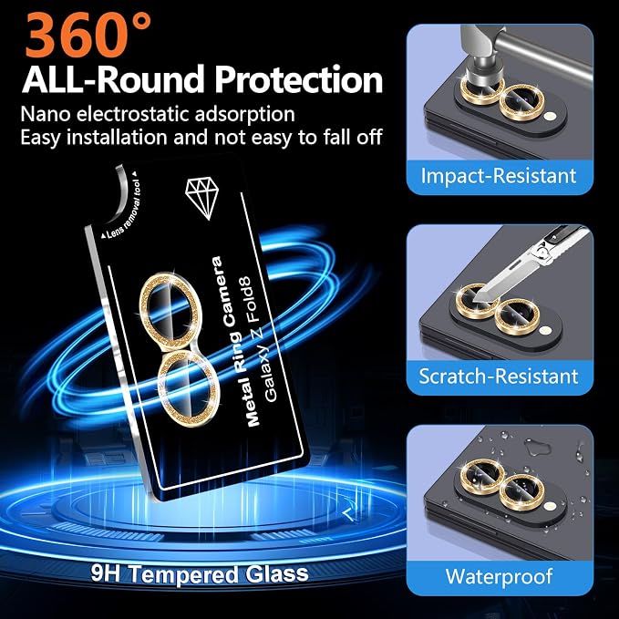 for Samsung Galaxy Z Fold 8 Camera Lens Protector, Individual Metal Ring Tempered Glass Lens Cover, [Strong Adsorption] Scratch Resistant Ultra-Thin HD Clear Lens Cover,1 Set-Gold Sparkly - Image 2