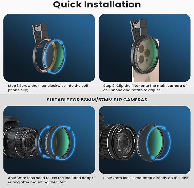 67mm CPL Filter for Phone/DSLR, HD Circular Polarizing Filter | FMC-Coated Lens Attachment with Universal Clip & 58-67mm Camera Adapter Ring for iPhone 17/16/15/14/13/12 & Samsung - Image 6
