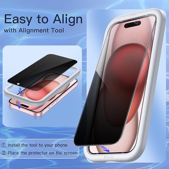 JETech Privacy Screen Protector for iPhone 15, 2+2 Pack | Anti-Spy Tempered Glass, with Camera Lens Protector, Easy Installation Tool - Image 5