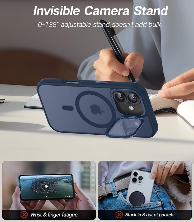 VOFATA [Upgraded Full Camera Protection] for iPhone 17 Case with Camera Cover Stand [Fit for MagSafe][10FT Mil-Grade Protection] Translucent Magnetic iPhone 17 Phone Case, Blue - Image 4