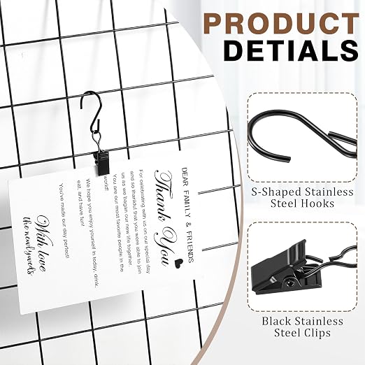 Frienda 25 Pcs Grid Wall Hooks Stainless Steel S Hooks Clips Gridwall Shelf Accessories for Hanging Outside String Lights Picture Photos Drying Clothes Garage Display Retail Art Craft (Black) - Image 3