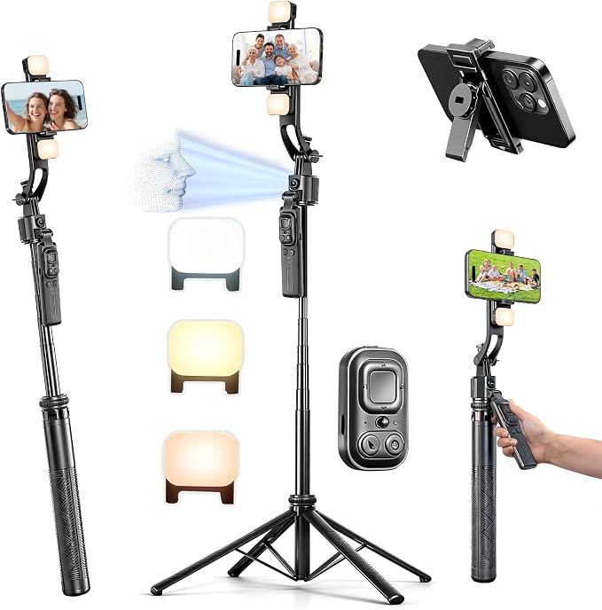 Auto Face Tracking Selfie Stick Tripod for iPhone with Light 360° Rotation That Follows Your Movement 63" Camera Tripod Stand with Remote for Content Creator Vlog Live Stream Video Recording by Home