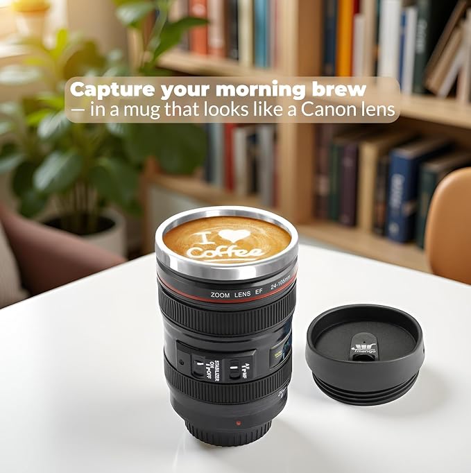 Camera Lens Coffee Mug with Slider Lid and Spoon– Realistic DSLR Thermos Cup, Novelty Gift for Photographers, Men & Women - Image 5
