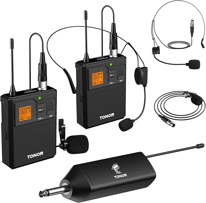TONOR UHF Wireless Microphone System, 2 Sets Bodypack & Lavalier Mic | UHF Headset Lapel Mic, Rechargeable Receiver, 15 Channels 60 m/200ft Range 1/4" Output for Teaching, Recording ,Tour Guide by TONOR
