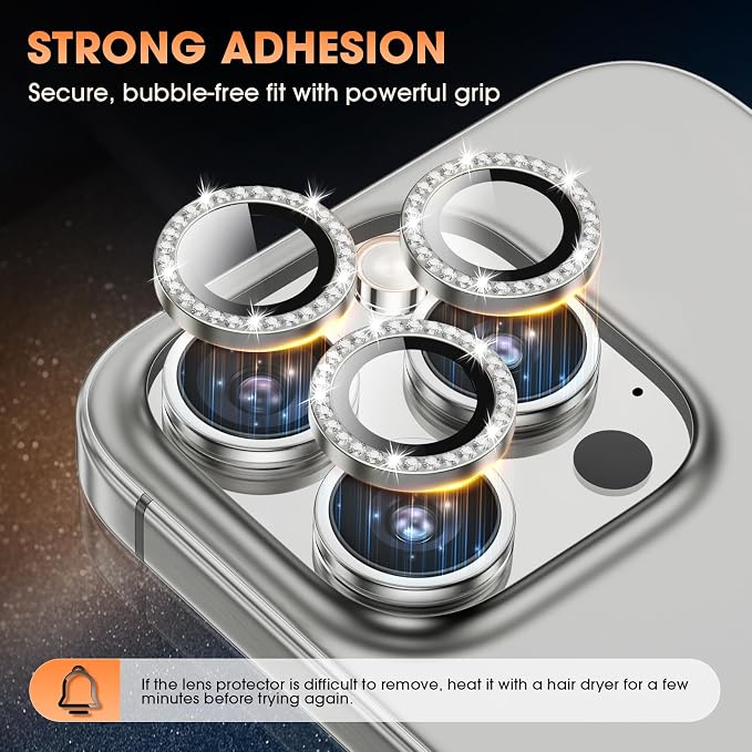 iPhone 16 Pro/16 Pro Max Camera Lens Protector Bling Diamond, Gray | Individual Metal, 9H Hardness, Scratch Resistant, Shockproof, Drop Protection, Case Friendly, Stylish Accessories - Image 4