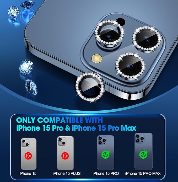 for iPhone 15 Pro/15 Pro Max Camera Lens Protector Diamond, Blue | Individual Metal, 9H Hardness, Scratch Resistant, Shockproof, Drop Protection, Case Friendly, Stylish Accessories - Image 2