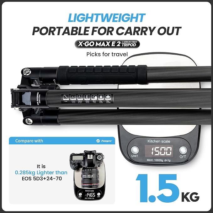 Fotopro 68" Carbon Fiber Travel Tripod, Heavy Duty Camera Tripod with Ball Head, Detachable Monopod with Quick Release Plate and Bag, Load up to 12KG/26lbs - Image 3