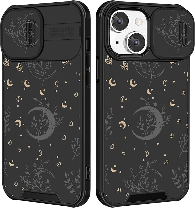 (2in1 for iPhone 12 Case Moon Plants for Women Cute Phone Cover Flower Heart Stars Space Design with Slide Camera Cover Protective Fashion Black Cases for iPhone12 6.1'' by Goocrux