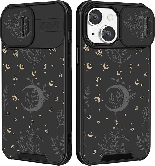 (2in1 for iPhone 12 Case Moon Plants for Women Cute Phone Cover Flower Heart Stars Space Design with Slide Camera Cover Protective Fashion Black Cases for iPhone12 6.1'' by Goocrux