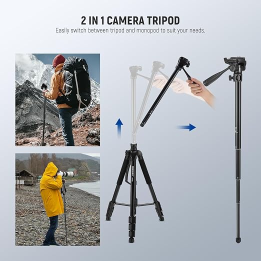 NEEWER Basics TP05 74" Video Tripod Monopod, 3 Way Pan Tilt Head Phone Holder Compatible with iPhone DSLR, Travel Recording Stand, Overhead Camera Mount, Crossbar, 17.6lb Load - Image 3