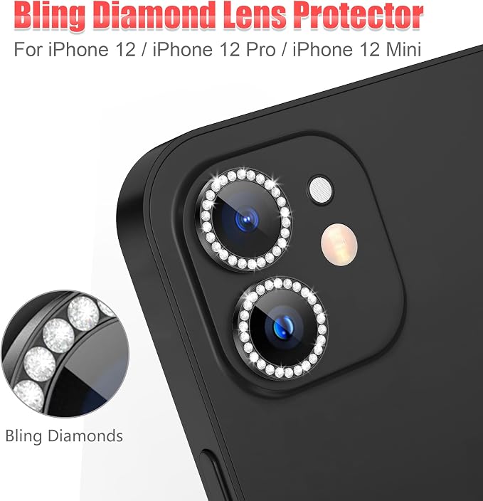 AGVEE 3+3 6 Pack for iPhone 12 & Mini & Pro Camera Lens Protector Cover | Individual Bling Diamond & Bling Glitter Sparkle Cute Gem Metal Ring, 9H Tempered HD Glass - Image 4