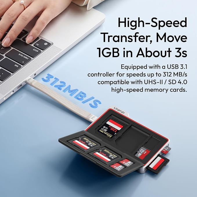 ULANZI DC01 Memory Card Case & USB-C Reader, 4 SD + 4 TF Slots | 312MB/s UHS-II, Dual-Slot Read, Aluminum Folder Magnetic Case with Lanyard Cable, 2.19oz Portable for Photographer - Image 4