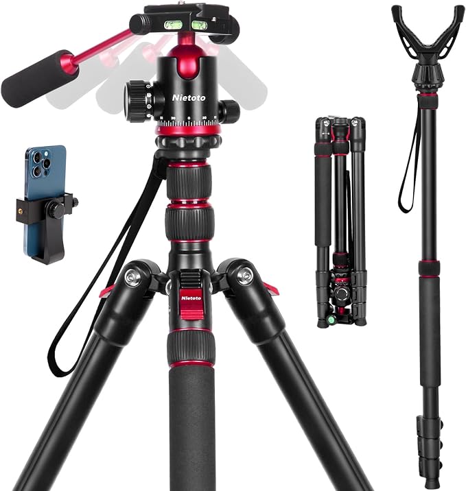 2 in 1 Camera Tripod & Hunting Stand Foldable, 68" Ball Head Tripod for Camera and Phone, Heavy Duty Tripod for DSLR Camera Lasers Binoculars Telescope Spotting Scope, Min Size 16.5" with Bag by Nietoto-US