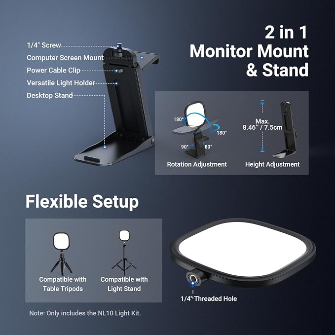NEEWER BASICS 5" Monitor Light with Stand, Zoom Lighting for Video Conference, 10W Bi Color Edge Lit CRI95 USB LED Panel Ring Light for Desk Computer Laptop Webcam Video Call Streaming Recording, NL10 - Image 5