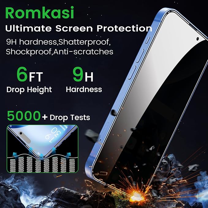 Romkasi 4 Pack Privacy Screen Protector for iPhone 16 Plus 6.7 Inch with 4 Pack Camera Lens Protector, Anti Spy Tempered Glass Film, Anti-Scratch, Touch Sensitive, Case Friendly - Image 4