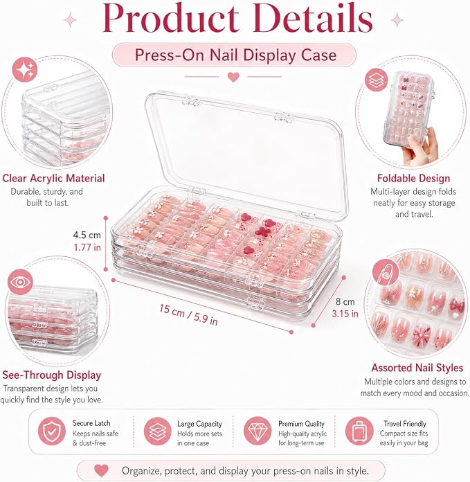 Tri-Fold Press On Nail Organizer Case | 4-Page Portable Storage Box for Fake Nails, Clear PET Plastic Travel Holder (6×3.2×1.8 inch) - Image 7