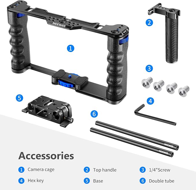 NEEWER Aluminum Alloy Camera Cage, Filmmaking Rig with Top Handle | Dual Grips & Arca Type Base, Compatible with Sony A7S III A7IV A6600 Canon EOS R5C R5 R6 DSLR/Mirrorless Cameras, VS107 Blue - Image 8