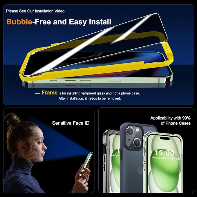 QHOHQ 3 Pack Privacy Screen Protector for iPhone 15 Plus [6.7 Inch] with 3 Pack Camera Lens Protector, Anti Spy Tempered Glass Film, 9H Hardness, HD, Bubble Free, Case Friendly - Black - Image 6
