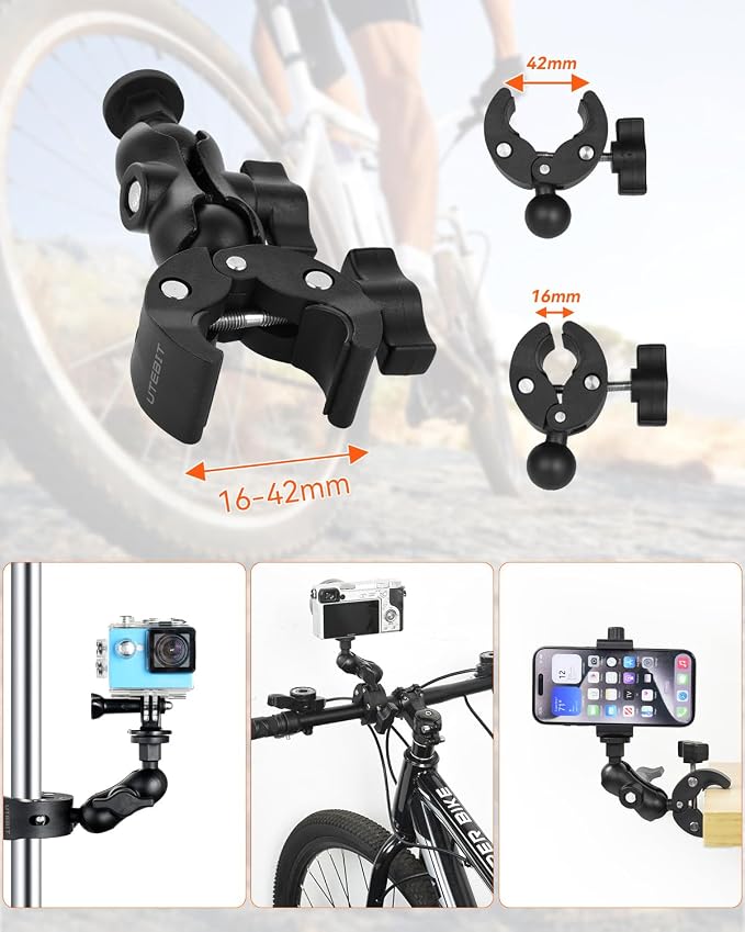 360° Dual Rotating Ball Head Handlebar Mount, Non‑Slip Support Clamp | Bike Bicycle Handlebar Action Camera Mount with 1/4" Screw, for Gopro Insta360 Tripod LED Lights Motorcycle Handlebar, Black - Image 5