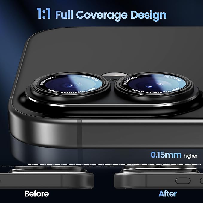 CACOE Metal Camera Lens Protector for iPhone 16/16 Plus/17 Cover | Tempered Glass Cover, Anti-Scratch, Drop-Proof, Strong Adhesion, Camera Screen Cover Accessories, Black - Image 3