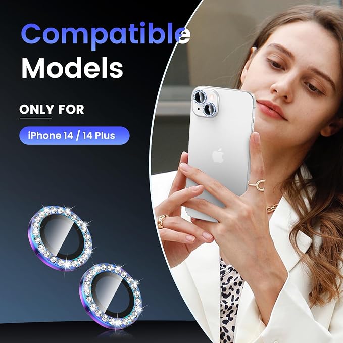 Tensea for iPhone 14/14 Plus Camera Lens Protector Bling, Camera Cover | 9H Tempered Glass Camera Screen Protector, Metal Individual Ring for iPhone14 6.1inch/ 14Plus 6.7inch, HD Clear, Easy Install - Image 2