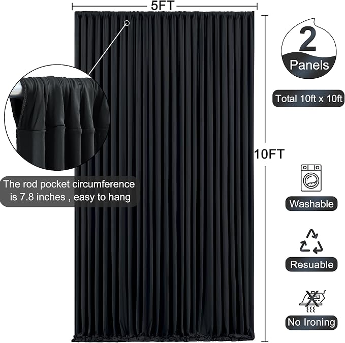 10x10 Black Backdrop Curtain for Parties Wrinkle Free Black Photo Curtains Backdrop Drapes Fabric Decoration for Birthday Party Wedding 5ft x 10ft,2 Panels - Image 6