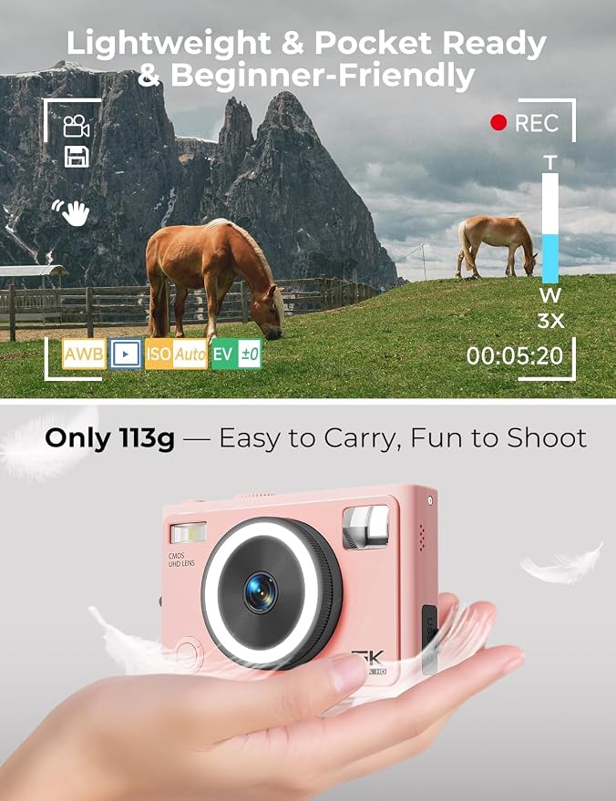 5K 64MP Autofocus Digital Camera, 360° Ring Light with 32GB SD Card | Dual front & rear cameras with 5 instant filters | One‑click skin smoothing | Pocket‑sized | 64MP stills capability - Image 2