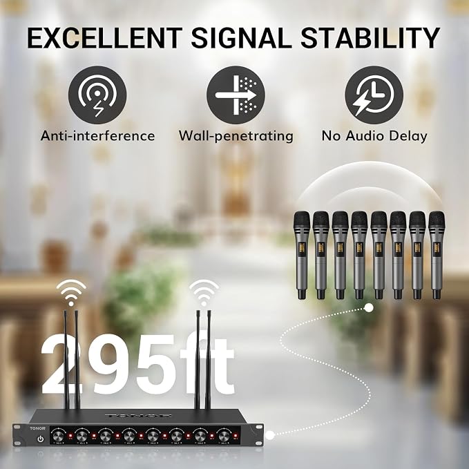 TONOR Wireless Microphones System with 8x12 Channels Cordless Handheld Microfono Inalambrico, 90 m/295FT UHF Range, Mics with Stable Signal, Quick Mute for Karaoke Singing Party Church Wedding - Image 2