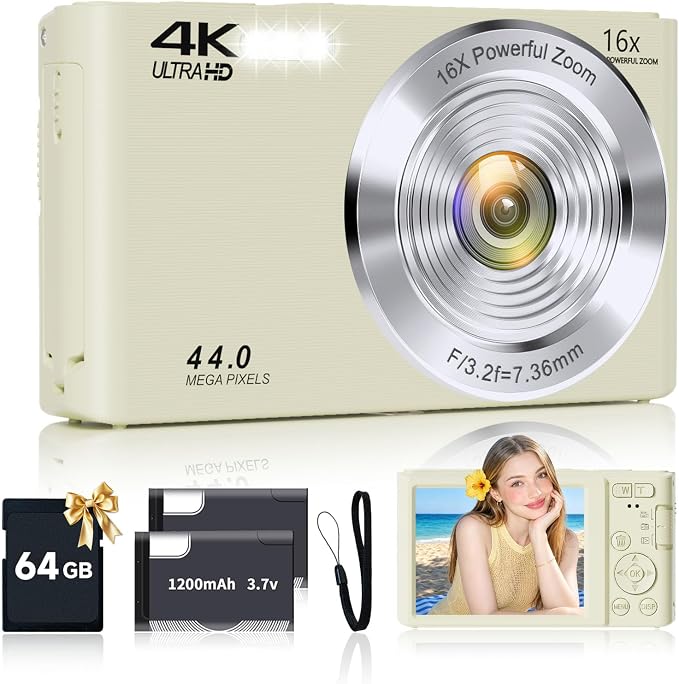 Digital Camera for Teens, 4K 44MP FHD 16x Zoom Point Shoot Camera 64GB Card | Autofocus, Fill Light, Webcam Mode, Continuous Shooting, Time-Lapse, Filters, Easy Operation, Ideal for Beginners Kids by SMARTKLIK