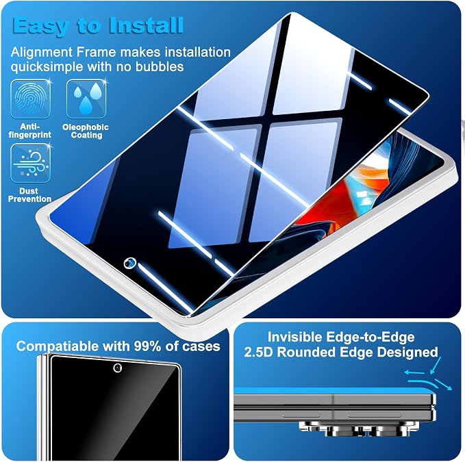 3 Pack Privacy Screen Protector for Samsung Galaxy Z Fold 8 Tempered Glass + 2 Pack Camera Lens Protector, True 25°Anti Spy, 9H Hardness, Fingerprint Unlock, Case Friendly Bubble-Free - Image 4