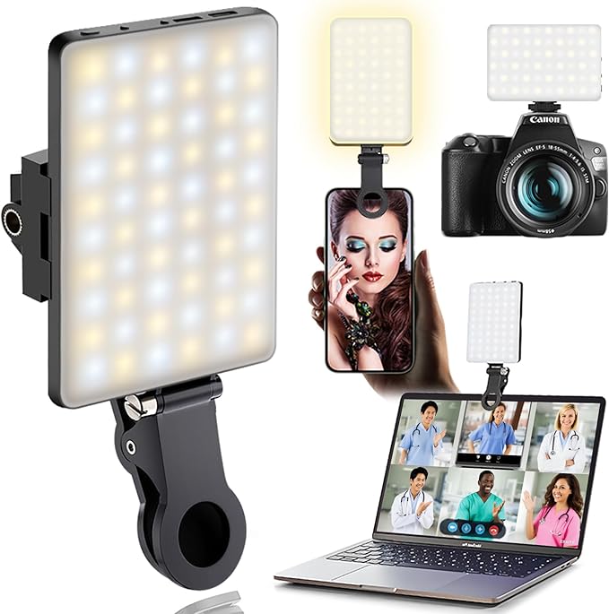 60 LED Portable Selfie Light Video Conference Lighting with Clip & Camera Tripod Adapter Rechargeable 2000mAh CRI 97+, 3 Light Modes for Phone iPhone Webcam Laptop Photo Makeup (Black) by Unknown
