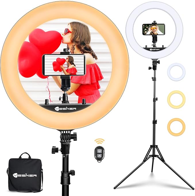 Yesker Ring Light 18 Inch with Stand Tripod Big Selfie Ringlight Adjustable 6000K Dimmable LED Portable Professional Ring Lights Kit Phone Holder for Camera Live Streaming Makeup YouTube Video TikTok by YESKER