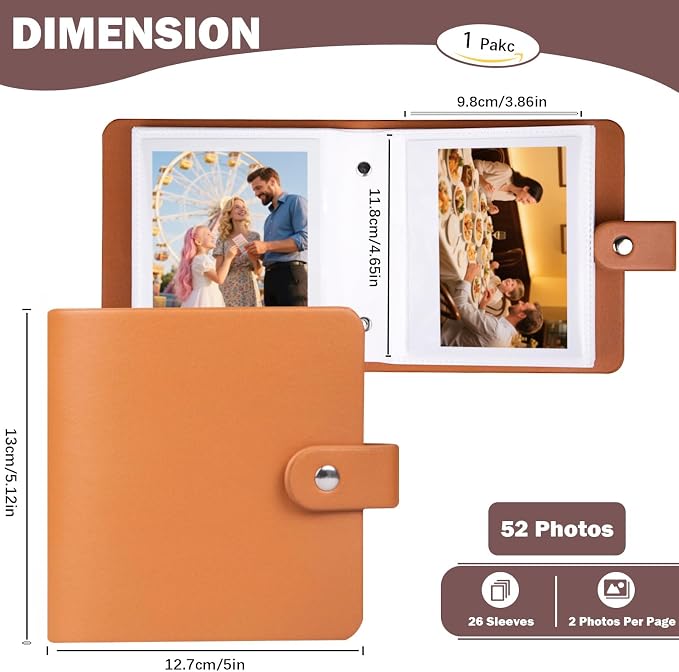 Ruibytree Small Photo Album for Polaroid 600, i-Type & SX-70 Film, Brown | Compact Design, PU Leather Cover, Snap Closure, Acid-Free Pages, 52 Side-Loading Pockets Fits 3.5x4.25 Inch Instant Photos - Image 2