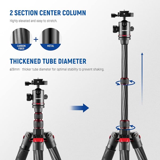 NEEWER N55CR Upgraded 80.7" Carbon Fiber Camera Tripod Monopod Travel Stand | With Telescopic 2 Section Center Axis, 360° Panorama Ballhead, 1/4" Arca Type QR Plate, ø28mm Column, Max Load 26.5lb - Image 2