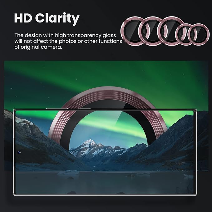 Tensea Compatible with Samsung Galaxy S22 Ultra Camera Lens Protector | 9H Tempered Glass Camera Cover Screen Protector Metal Individual Ring [Installation Tray][Case Friendly] - Image 5