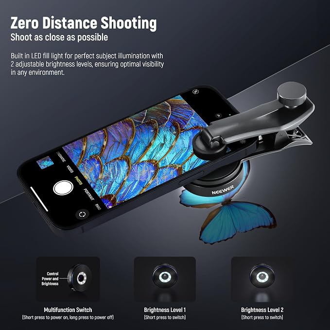 NEEWER 45X Mini Pocket Microscope Lens with 17mm Thread Phone Lens Clip, 2 Brightness LED Light, Microscopic World Observation, USB C Cable, Compatible with iPhone Samsung, LS-32 PRO - Image 2