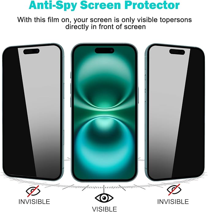 PEHAEL for iPhone 16 Privacy Screen Protector+Camera Lens Protector | 3+3 Pack, Installation Frame, Cleaning kits, Anti-Spy Private, Anti-Scratch, 9H Tempered Glass, Case Friendly, [6.1 inch] - Image 4
