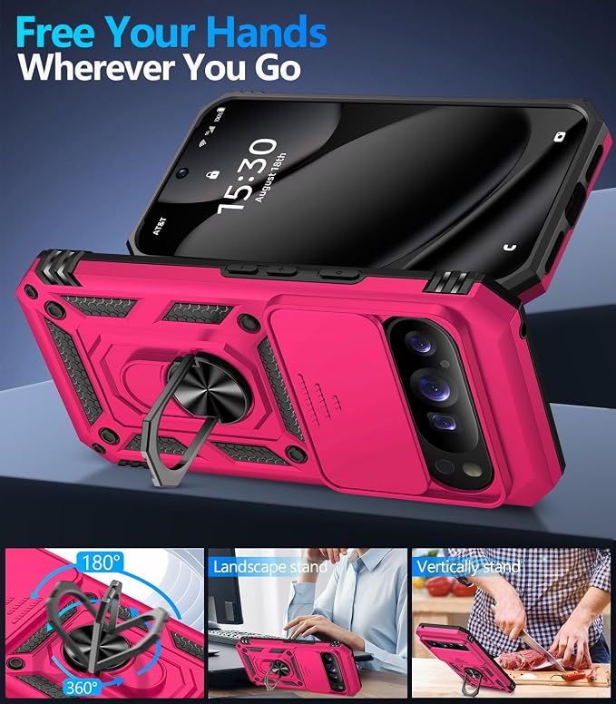 Taisairu for Google Pixel 10 Case/Pixel 10 Pro Case with Screen Protector & Slide Camera Lens Cover,Built-in Ring Stand Protective Phone Case for Pixel 10 Case/Google Pixel 10 Pro Case (Hot Pink) - Image 3