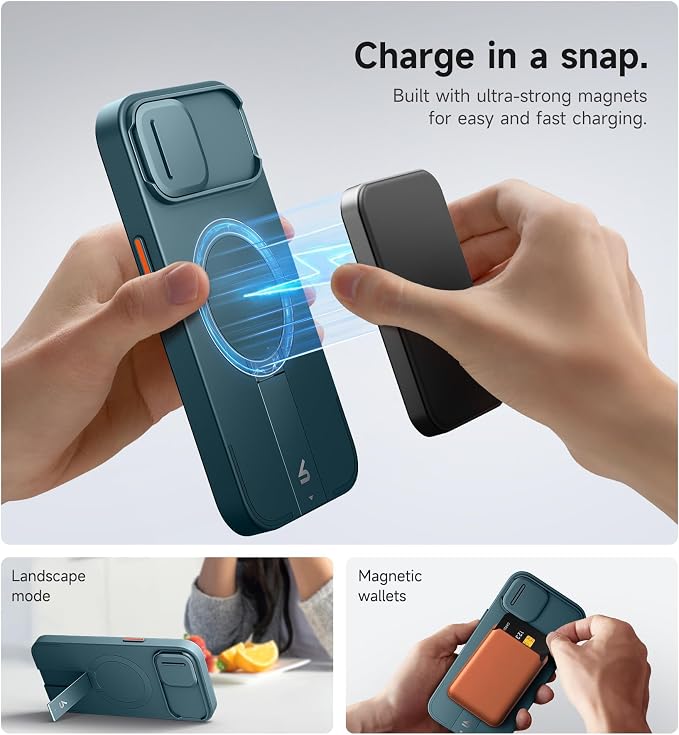 SURITCH for iPhone 15 Case with Magnetic Camera Slide Cover and Adjustable Kickstand, Compatible with MagSafe, Shockproof Bumper Case Slim Protective Cover 6.1 Inch, Lake Green - Image 3