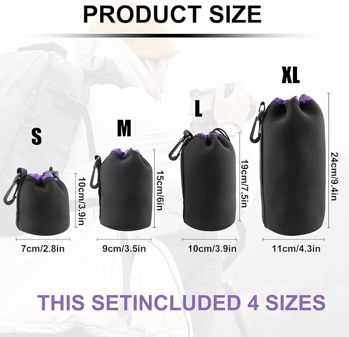 4Pcs Camera Lens Case Bag,4 Sizes Purple Water Resistant Protective Lens Pouch Set With Adjustable Drawstring Rotating Clamp,Replacement Compatible Thick Protective Neoprene for Canon,Nikon,Sony - Image 2