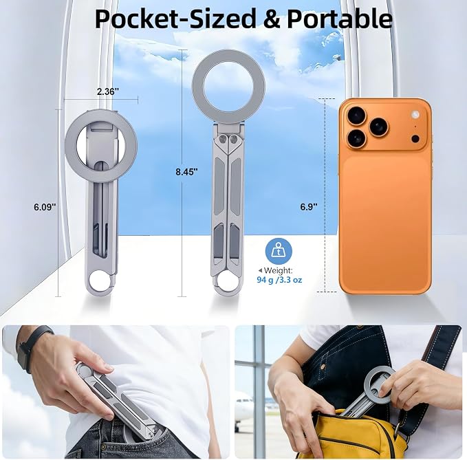 Magnetic Phone Tripod Stand for iPhone iPad, Aluminium Portable Phone Tablet Holder with Carabiner Smartphone Mini Tripod Stand Strong Magnet Compatible with iPhone 17 16 15 14 13 12 iPad Series - Image 5