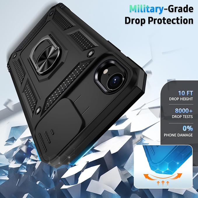 for iPhone XR Case with Camera Lens Cover, HD Screen Protector, 10 FT Military Grade Drop Protection, Magnetic Ring Holder Kickstand Protective Phone Case, Black - Image 4