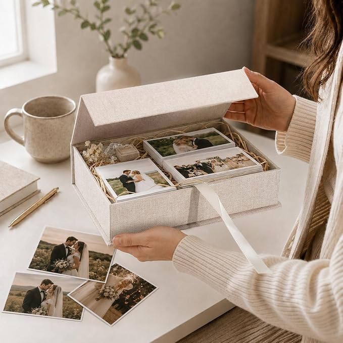 Vienrose Linen Photo Storage Box, 8"x10", Postcard Keeper, Beige | 1Pc Sturdy Linen Cover Box for Photos, Postcards & Decorative Paper Storage, Perfect for Home, Office, Craft Room, and Travel - Image 3