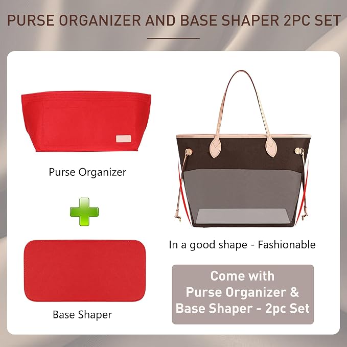 Doxo Purse Organizer Insert for Handbags & Base Shaper 2pc Set, Felt Neverfull GM Organizer Insert, Tote Bag Organizer with Zipper Pocket and Bottle Holder, Fit Neverfull GM and More, Red-XL - Image 3