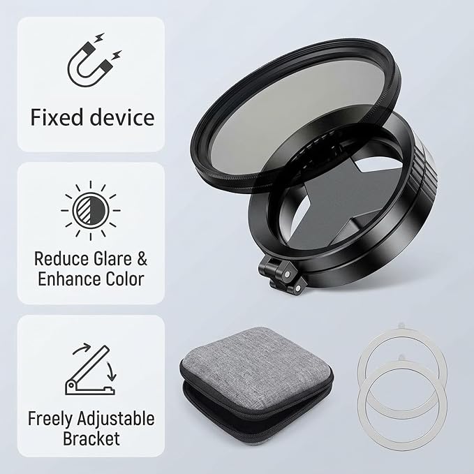 Anti-Glare Magnetic Phone Filter, 52mm Polarizing Lens for Smartphone Photography, Reduces Reflections Enhances Colors, Complete Kit with Test Card Cleaning Cloth Magnetic Rings and Storage Bag - Image 3