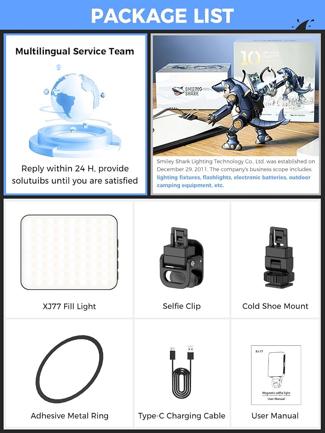 Smiling Shark Portable Camera Light with Magnetic 2000mAh Rechargeable | CRI 80+ LED Selfie Light with Clip and Cold Shoe Mount 3 Colors Brightness Adjustable Photo Light for Live Laptop Phone Video - Image 8