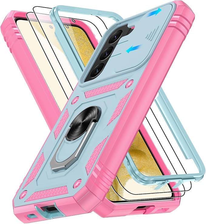 Gritup for Samsung Galaxy S22 Case with Slide Camera Cover & Screen Protector*2, 360 Rotating Ring Kickstand, Military Grade Protective Case for S22 Phone, Green+Pink by Gritup