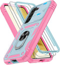 Gritup for Samsung Galaxy S22 Case with Slide Camera Cover & Screen Protector*2, 360 Rotating Ring Kickstand, Military Grade Protective Case for S22 Phone, Green+Pink by Gritup