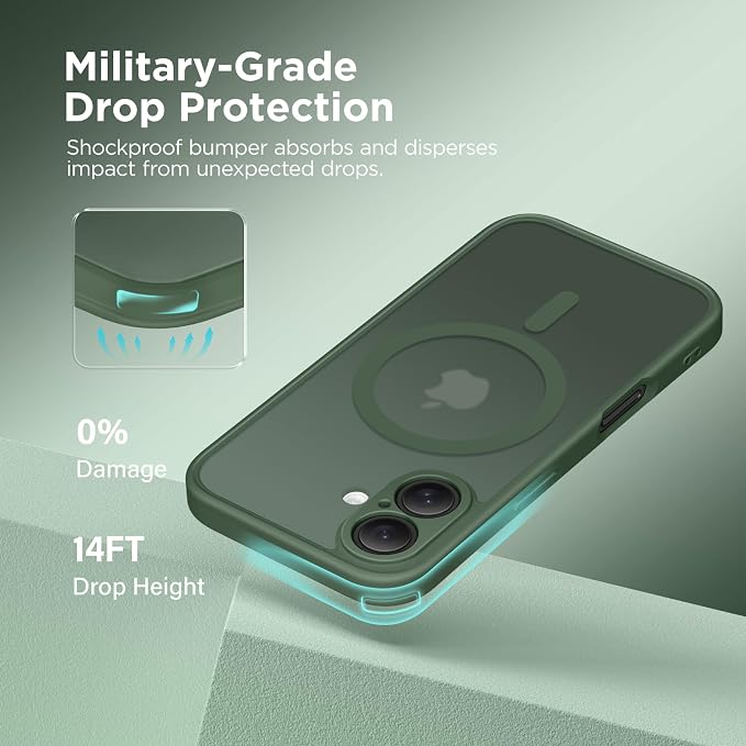 CAPRARO for iPhone 16 Case, Compatible with MagSafe | Upgraded [Full Camera Protection] Protective Translucent Matte Women Girl Magnetic Phone Case Cover, Deep Green - Image 5